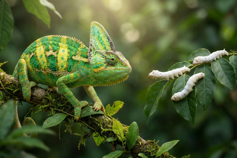 Caméléon casqué du Yémen attrapant un ver à soie