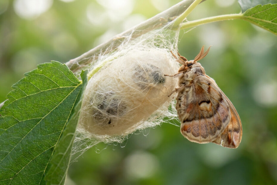 Chrysalide de ver à soie ouverte montrant la métamorphose à l'intérieur du cocon