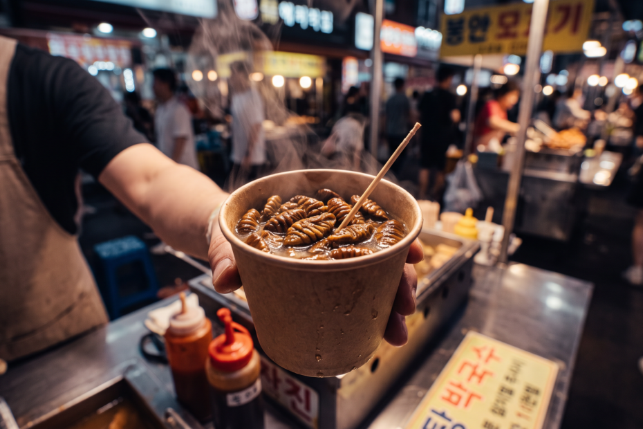 Gobelet de beondegi, chrysalides de ver à soie bouillies, sur un marché de nuit coréen, pupes brunes luisantes et cure-dent, ambiance street food mauve