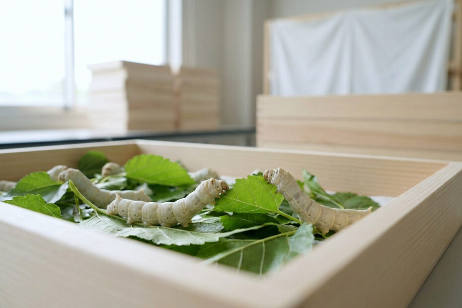 Boîte d'élevage de vers à soie propre et aérée avec feuilles de mûrier fraîches