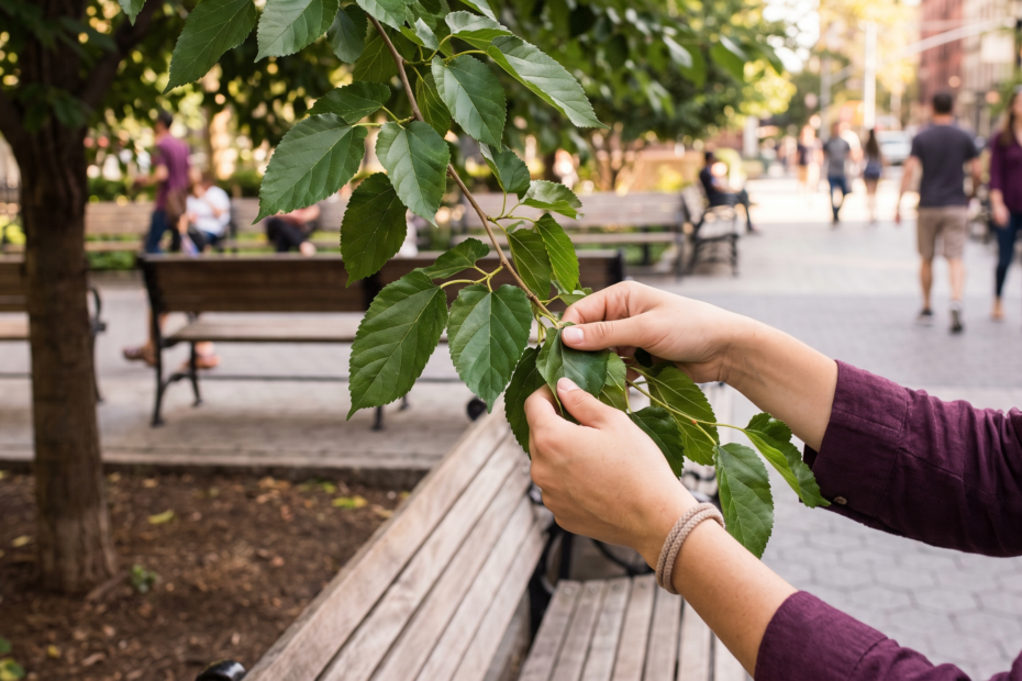 Mains cueillant des feuilles de mûrier fraîches sur un arbre d'ornement en ville, parc urbain en arrière-plan, lumière naturelle