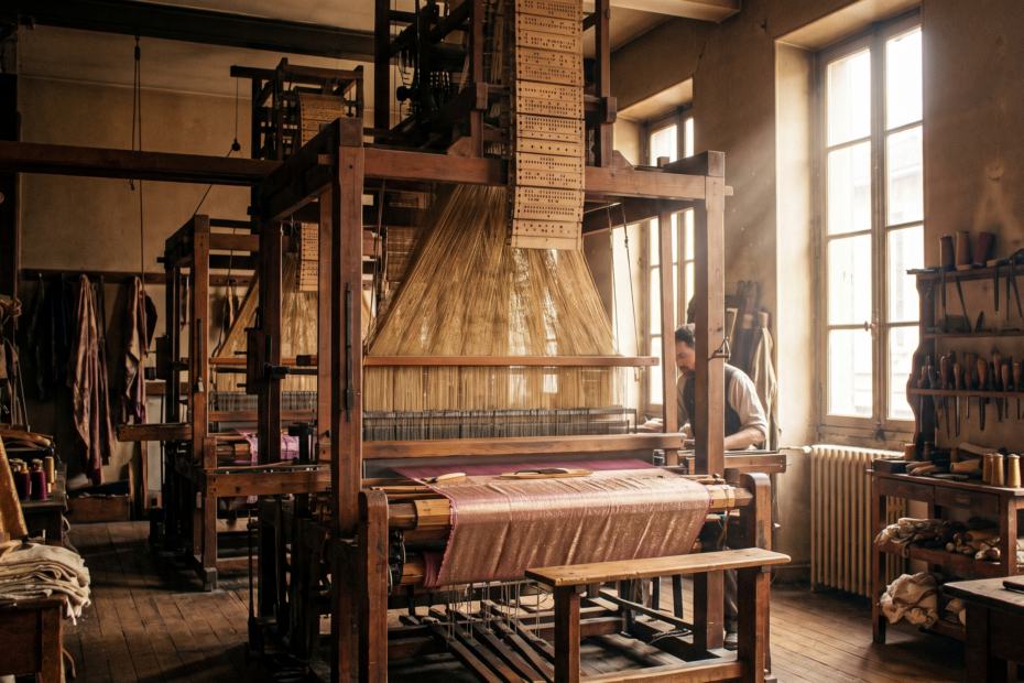 Atelier de tisserand canut lyonnais au XIXe siecle dans la Croix-Rousse, grand metier a tisser Jacquard en bois et soierie doree, tons mauve murier