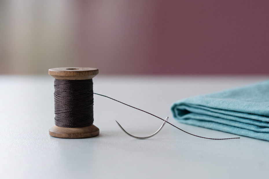 Bobine de fil de suture chirurgical en soie tressee posee pres d'une aiguille courbe sur un champ operatoire, ambiance medicale epuree aux tons mauve murier