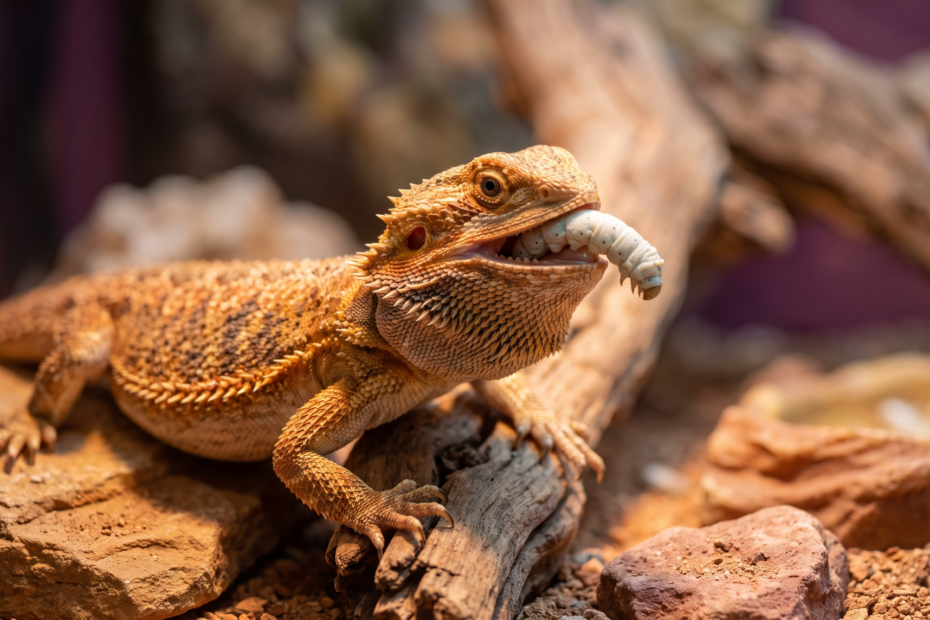 Pogona (dragon barbu) attrapant un ver a soie dans un terrarium desertique, lumiere chaude, ambiance aux tons mauve murier