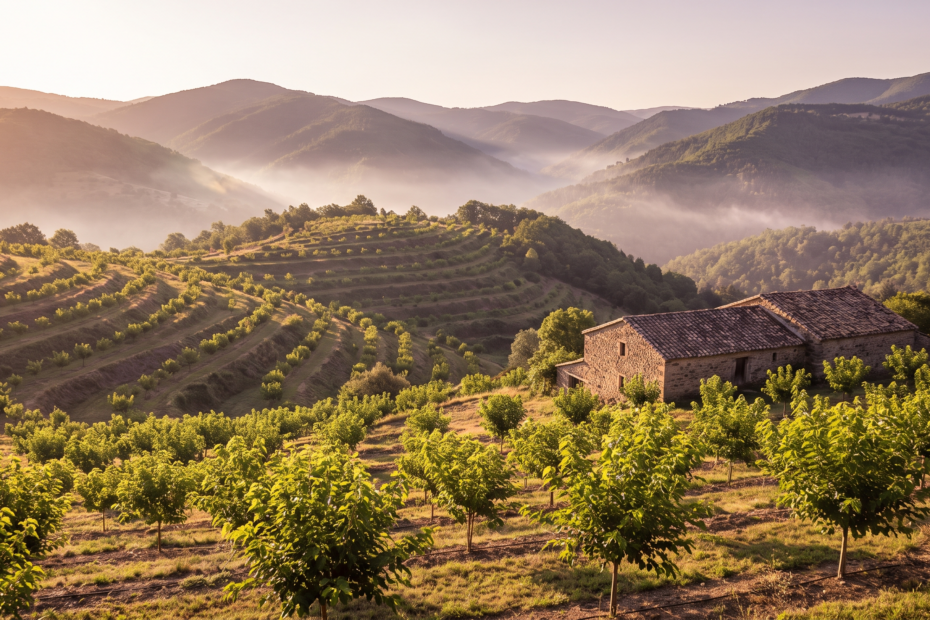 Jeune plantation de muriers en terrasses dans les Cevennes avec une magnanerie artisanale en pierre en arriere-plan, lumiere douce aux tons mauve murier, sericiculture francaise