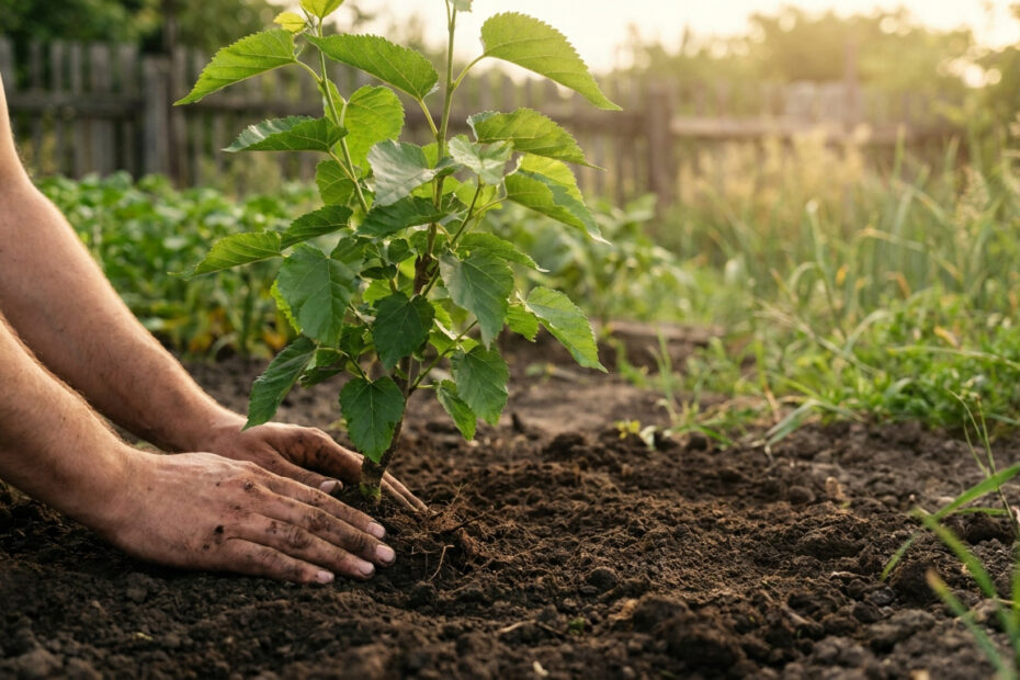 Jeune mûrier blanc planté au jardin pour nourrir des vers à soie