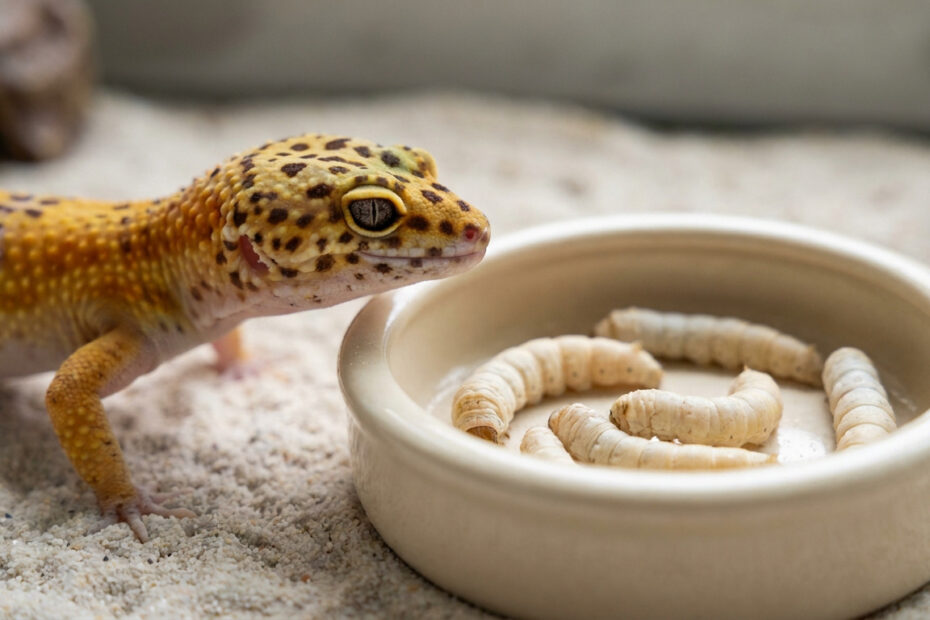 Gecko léopard nourri avec un ver à soie en terrarium