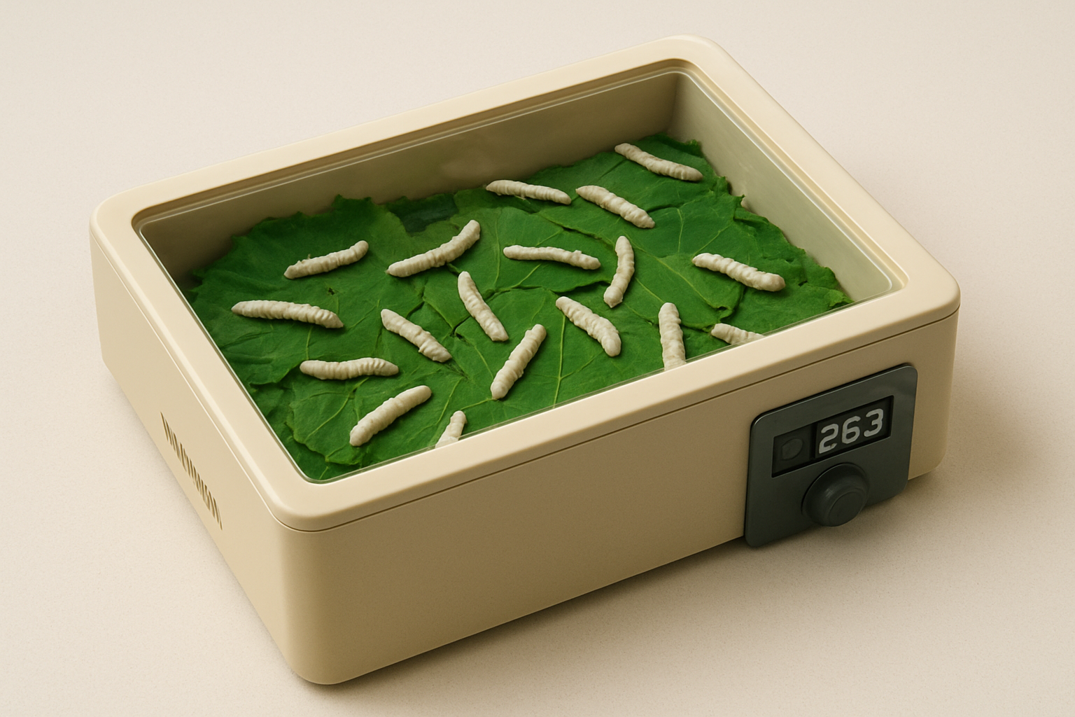 Boite d'elevage de vers a soie posee sur une table avec un petit thermometre et des feuilles de murier fraiches, ambiance claire et temperature controlee