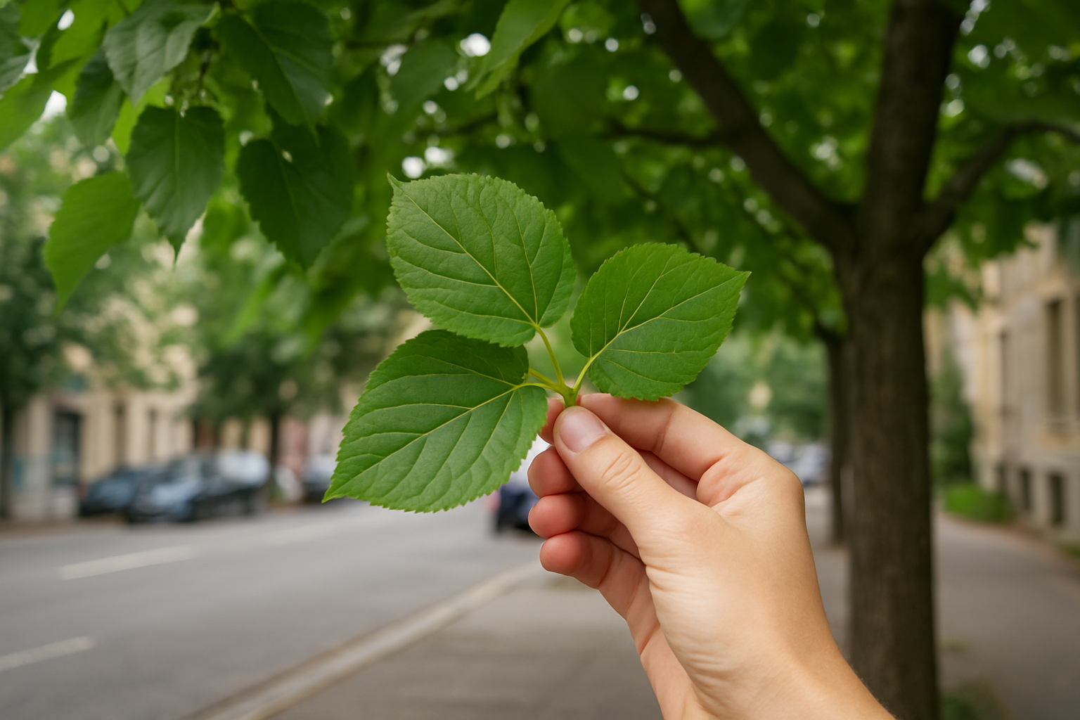 Cueillette de feuilles de murier fraiches sur un arbre urbain, feuilles vertes tenues en main, sans texte
