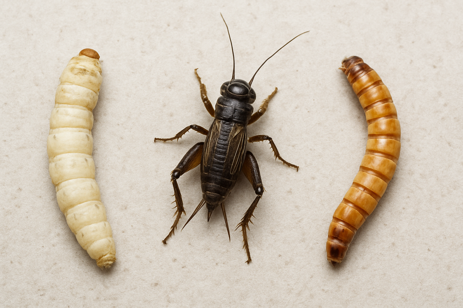 Comparaison de trois insectes nourriciers pour reptiles : ver a soie, grillon et ver de farine cote a cote