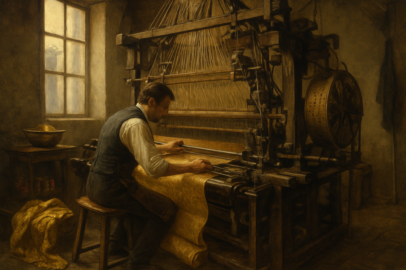 Atelier de canut lyonnais au XIXe siecle avec un grand metier a tisser Jacquard en bois et une soierie en cours de tissage