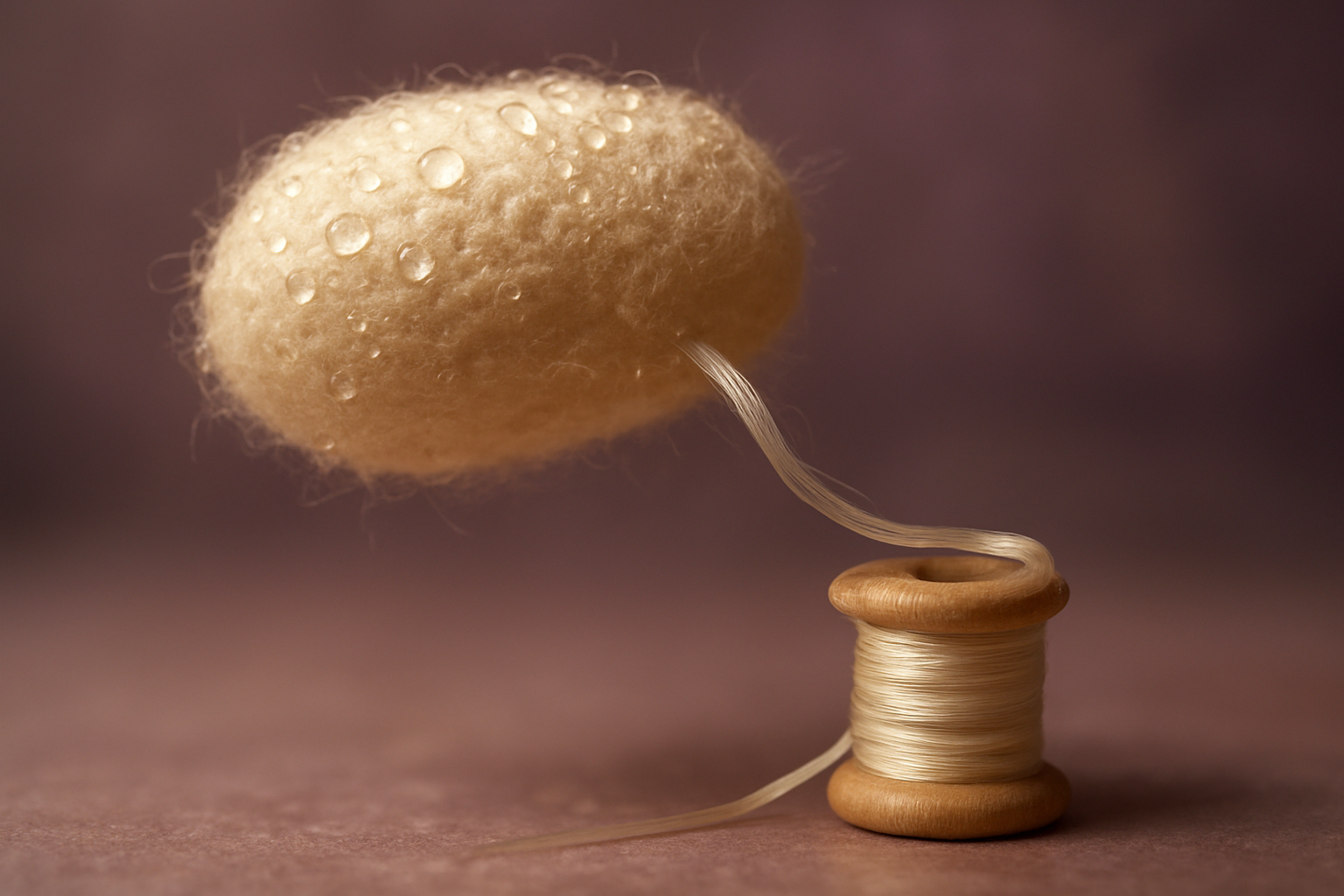 Macrophotographie d'un cocon de ver a soie beige en cours de devidage, un long fil de soie unique et brillant se deroulant du cocon vers une petite bobine