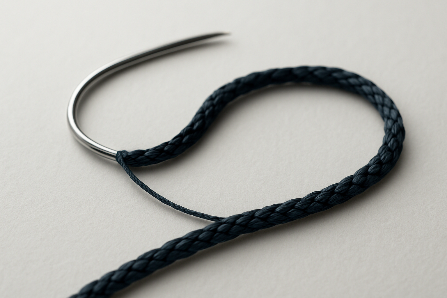Gros plan medical epure d'un fil de suture chirurgical en soie tressee noire pres d'une aiguille courbe