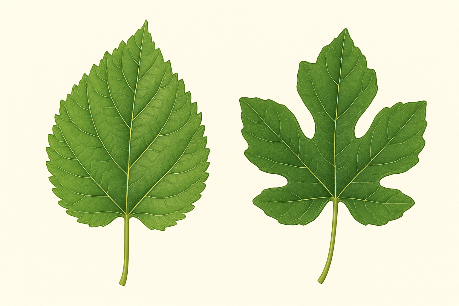 Comparaison de feuilles : murier platane (Morus kagayamae) lobe et lisse a cote d'une feuille de faux-murier, distinction botanique