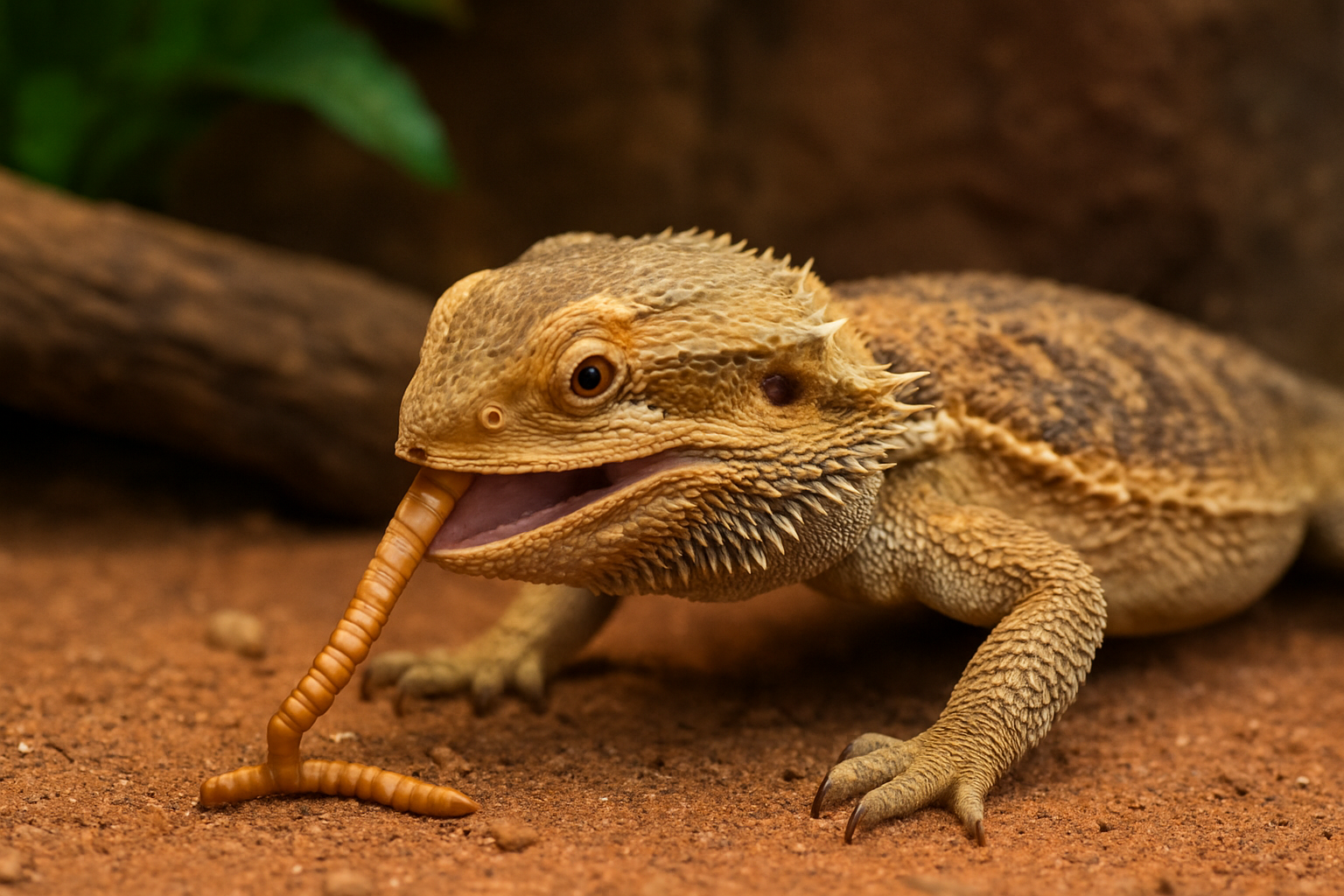 Pogona (dragon barbu) mangeant un ver a soie dans un terrarium