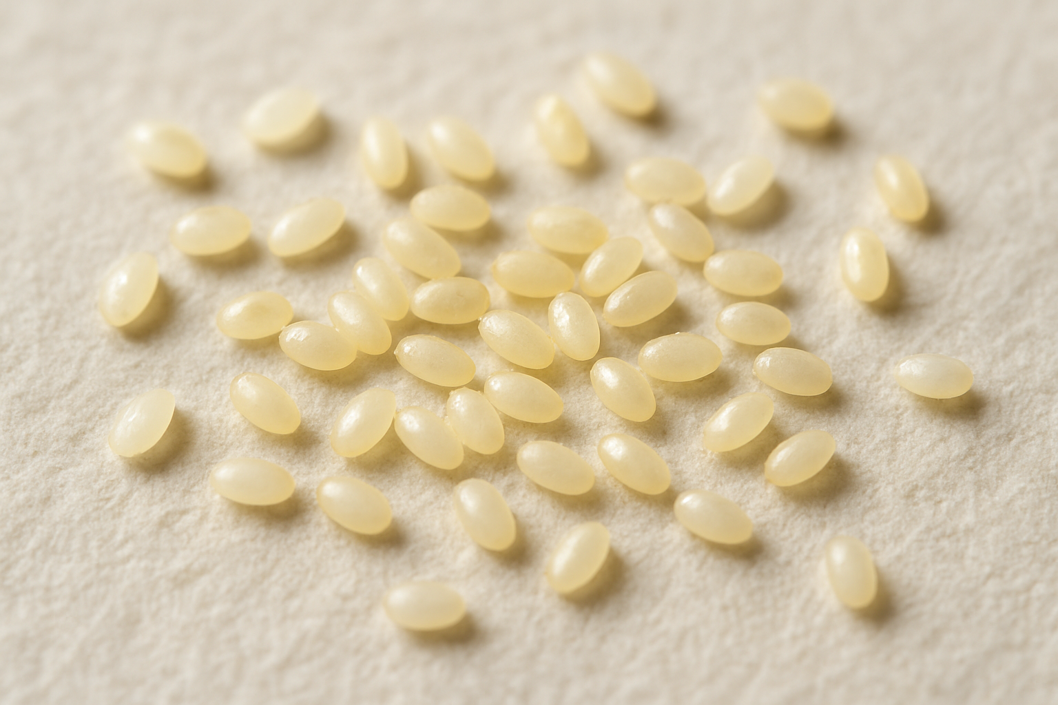 Oeufs de vers a soie colles sur une feuille de papier, prets a etre conserves au frais dans un contenant ferme