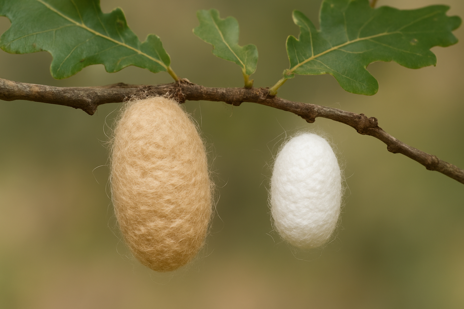 Comparaison de cocons de soie sauvage tussah beige sur une branche de chene et d'un cocon de soie de murier blanc plus petit