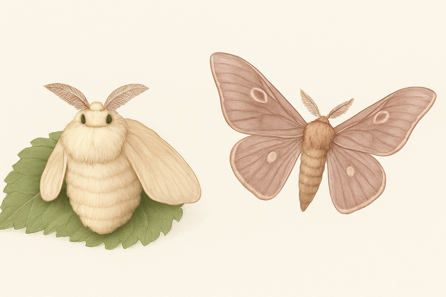 Illustration comparant le papillon du ver a soie domestique creme aux ailes atrophiees, pose sur une feuille, et le bombyx sauvage brun aux ailes deployees en vol