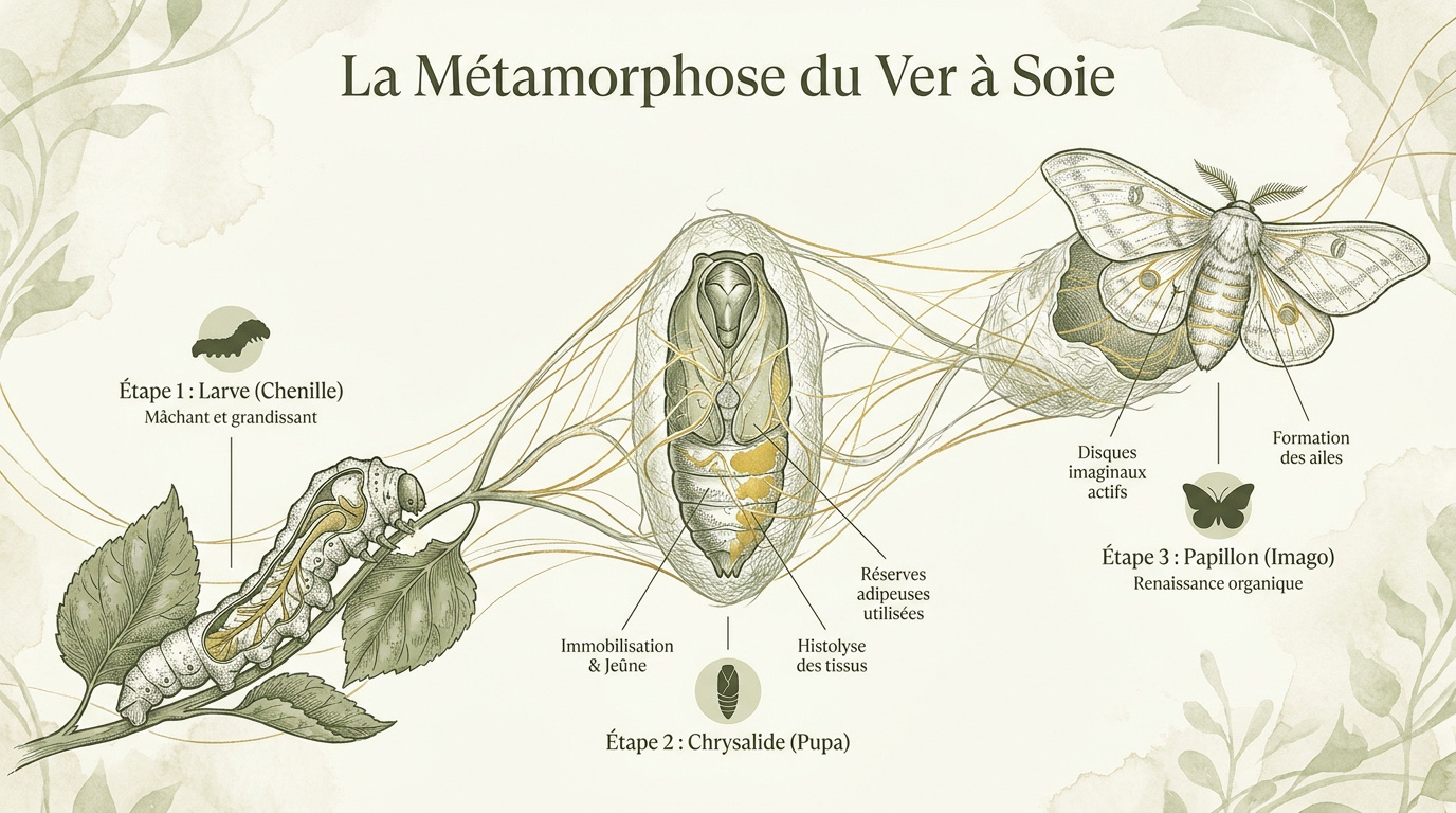 Infographie détaillant les étapes de la métamorphose du ver à soie, de la larve à l'imago.