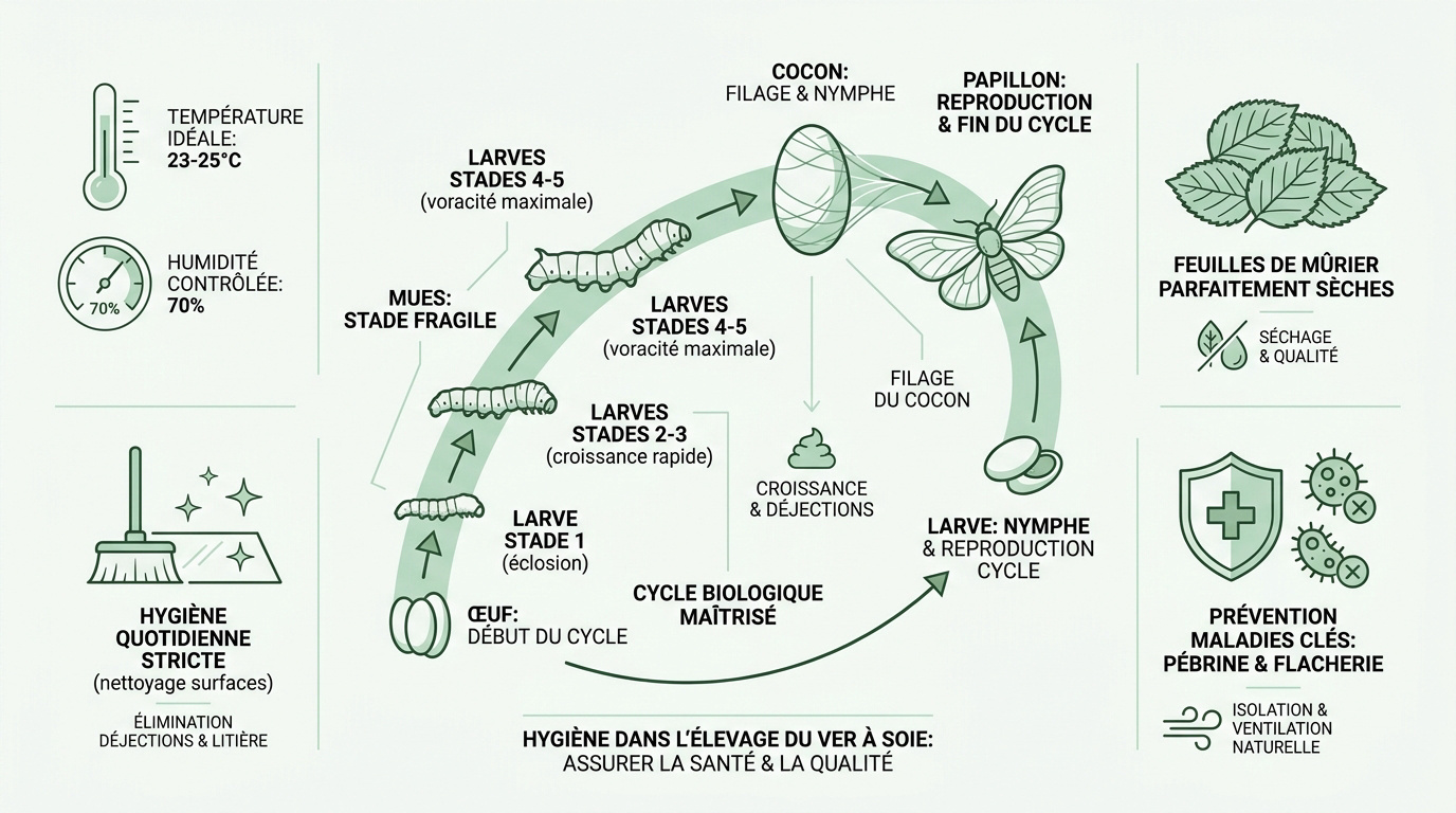 Cycle de vie du ver à soie et mesures d'hygiène en élevage