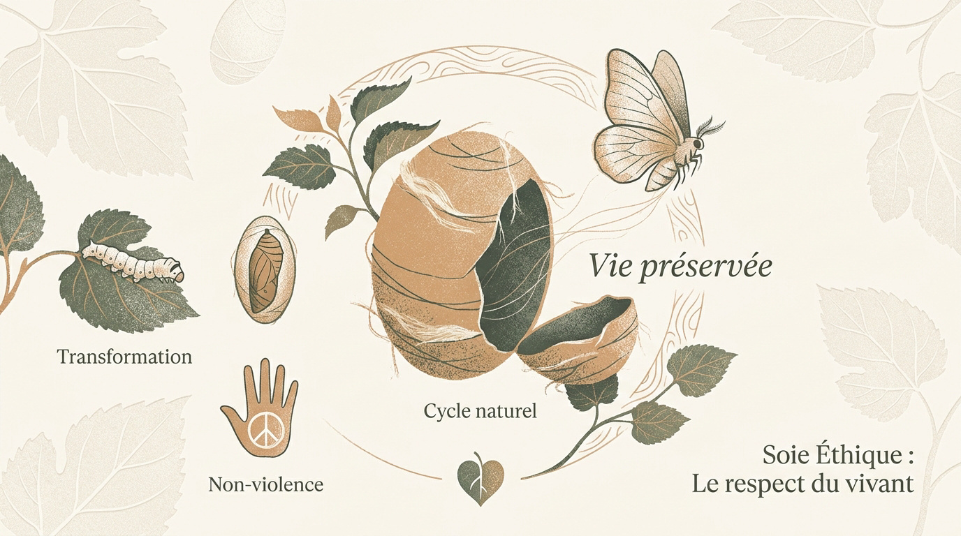 Cycle de vie du bombyx mori respecté pour la production de soie éthique Ahimsa