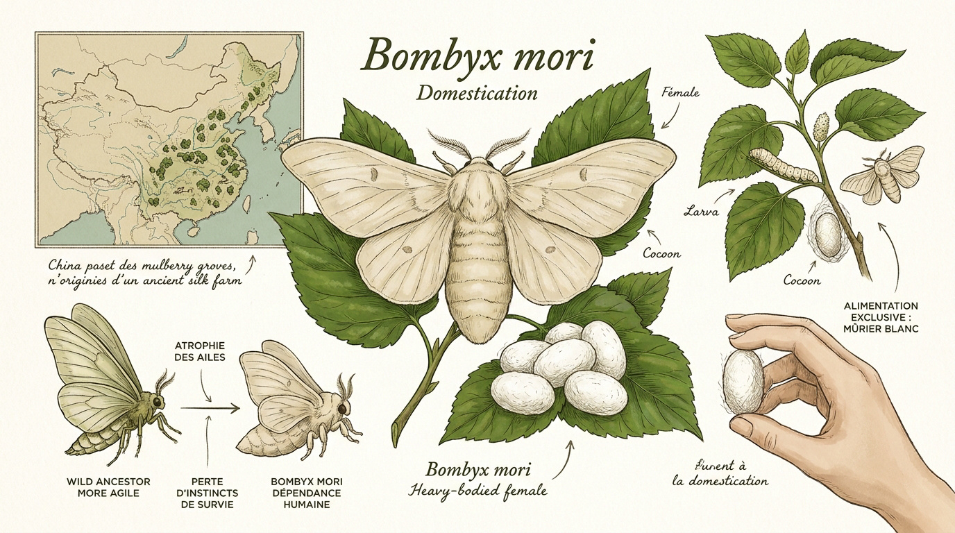Bombyx mori sur une feuille de mûrier blanc illustrant sa domestication