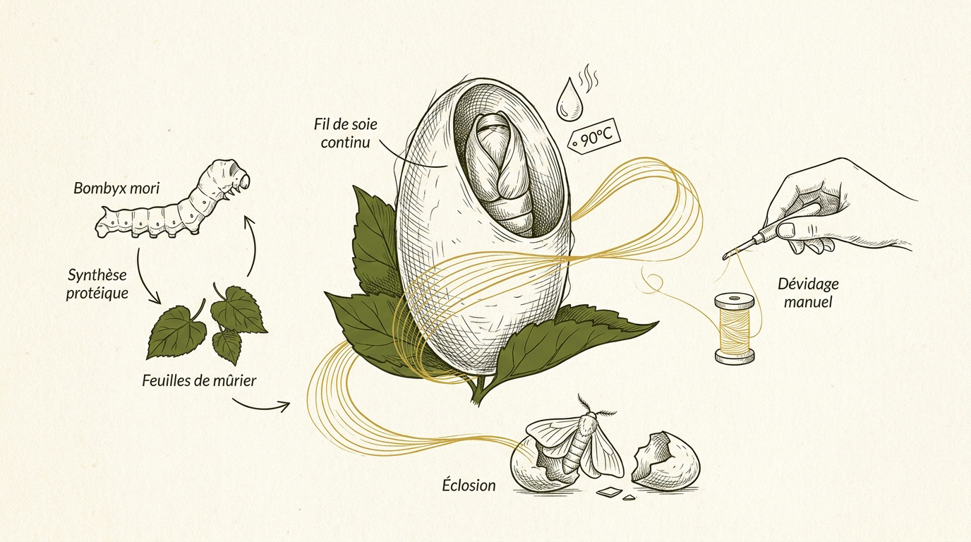 Cycle de transformation de la soie du cocon au filament de soie grège