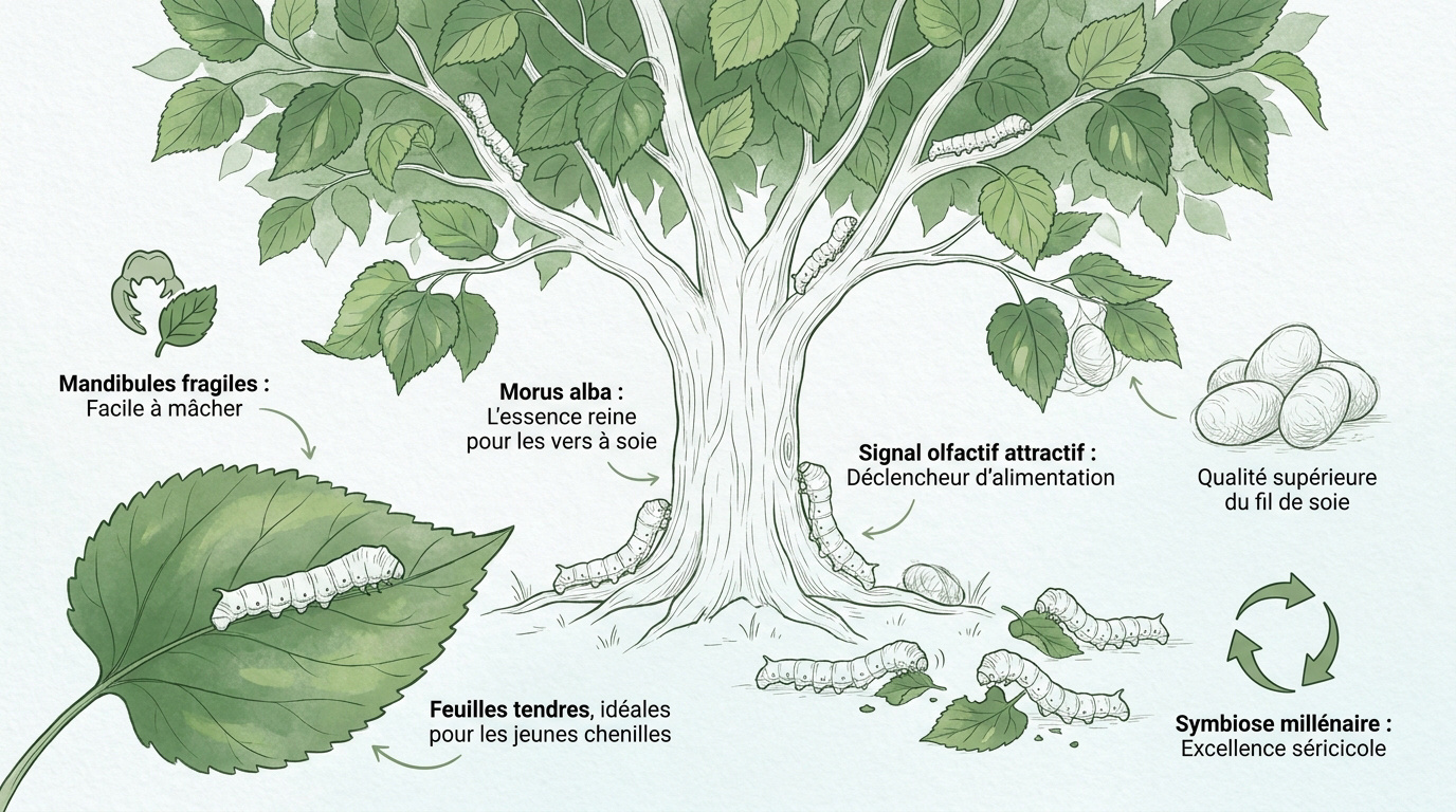 Feuilles de mûrier blanc Morus alba pour l'élevage de vers à soie Bombyx mori
