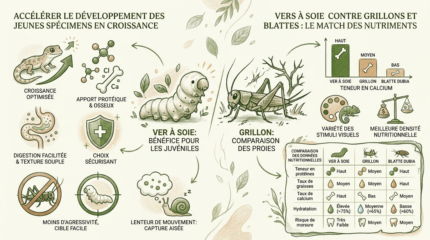 Comparaison nutritionnelle entre vers à soie et grillons pour caméléon du Yémen