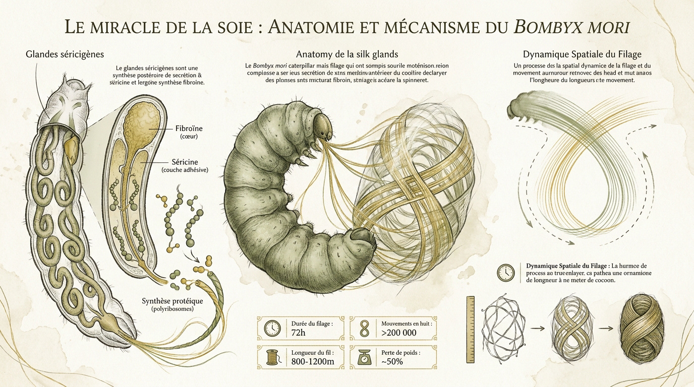 Anatomie des glandes séricigènes et processus de filage du Bombyx mori
