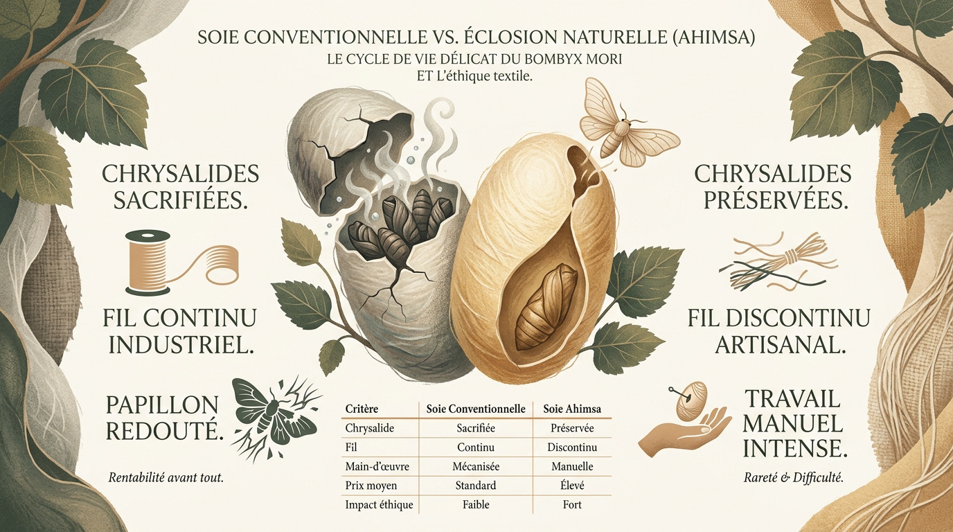 Comparaison entre la récolte de soie conventionnelle et l'éclosion naturelle du papillon Bombyx mori
