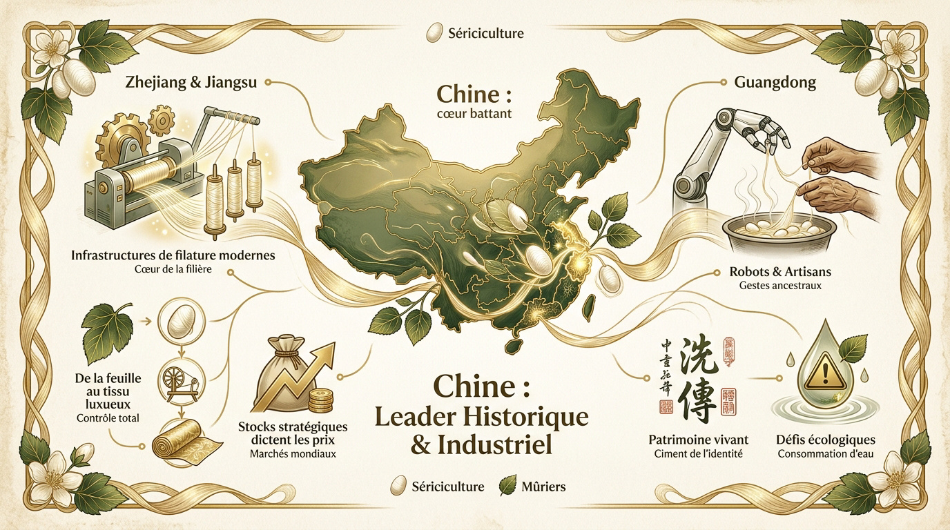 Infographie montrant la domination de la Chine dans la production mondiale de soie