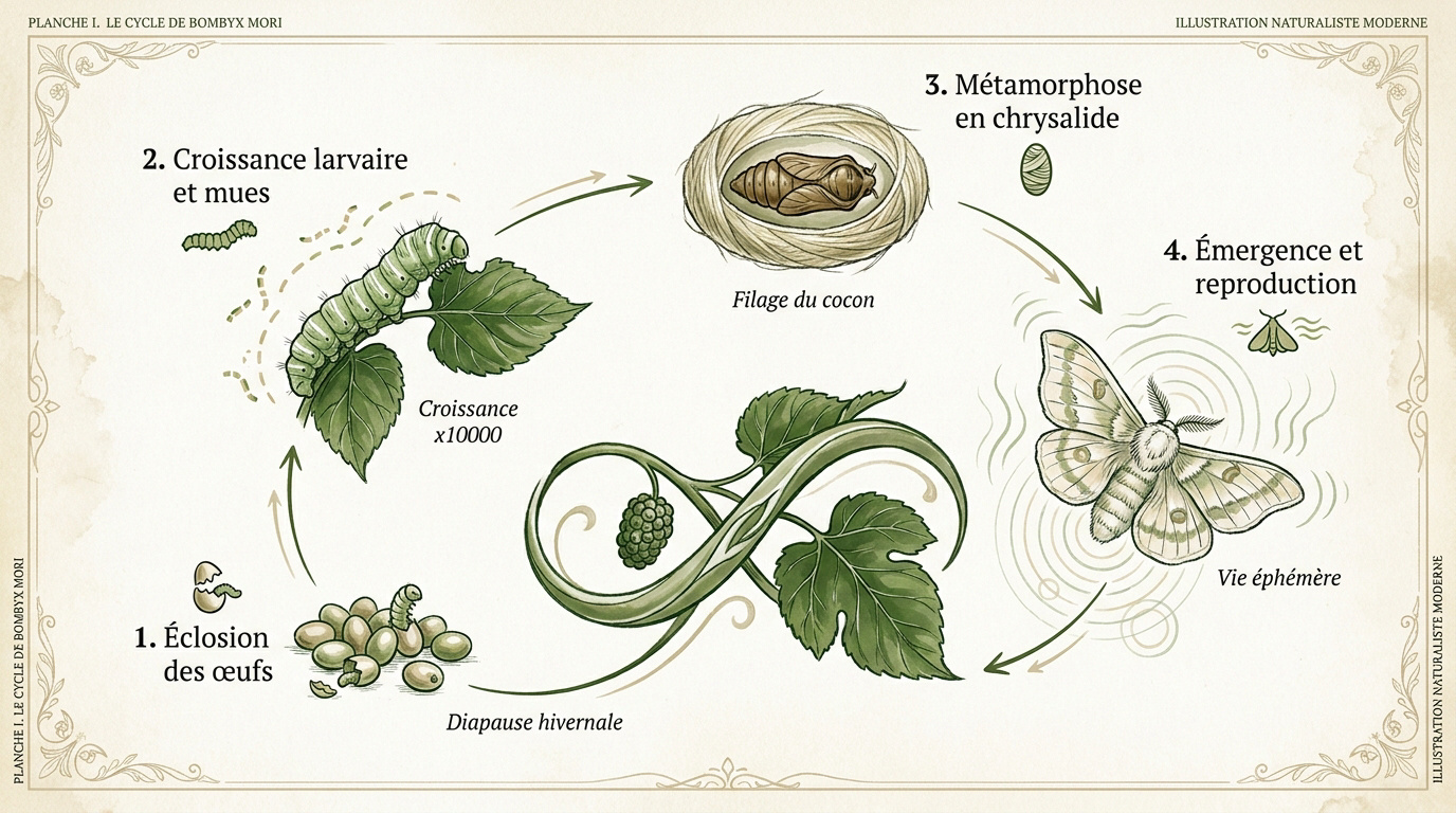 Schéma du cycle biologique du Bombyx mori