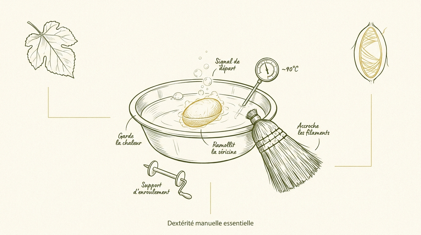 Infographie détaillant les étapes du dévidage artisanal d'un cocon de soie à la maison