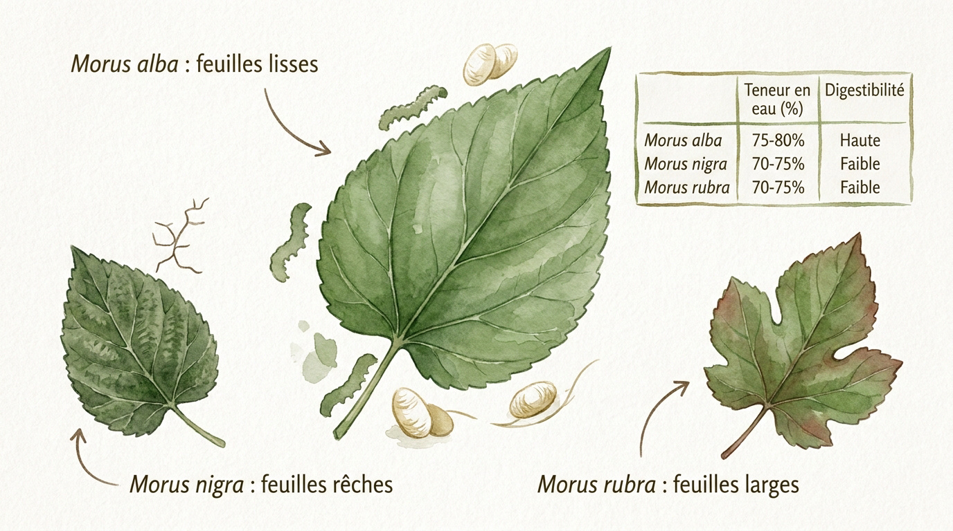 Comparaison botanique des feuilles de mûrier blanc, noir et rouge pour l'élevage de vers à soie