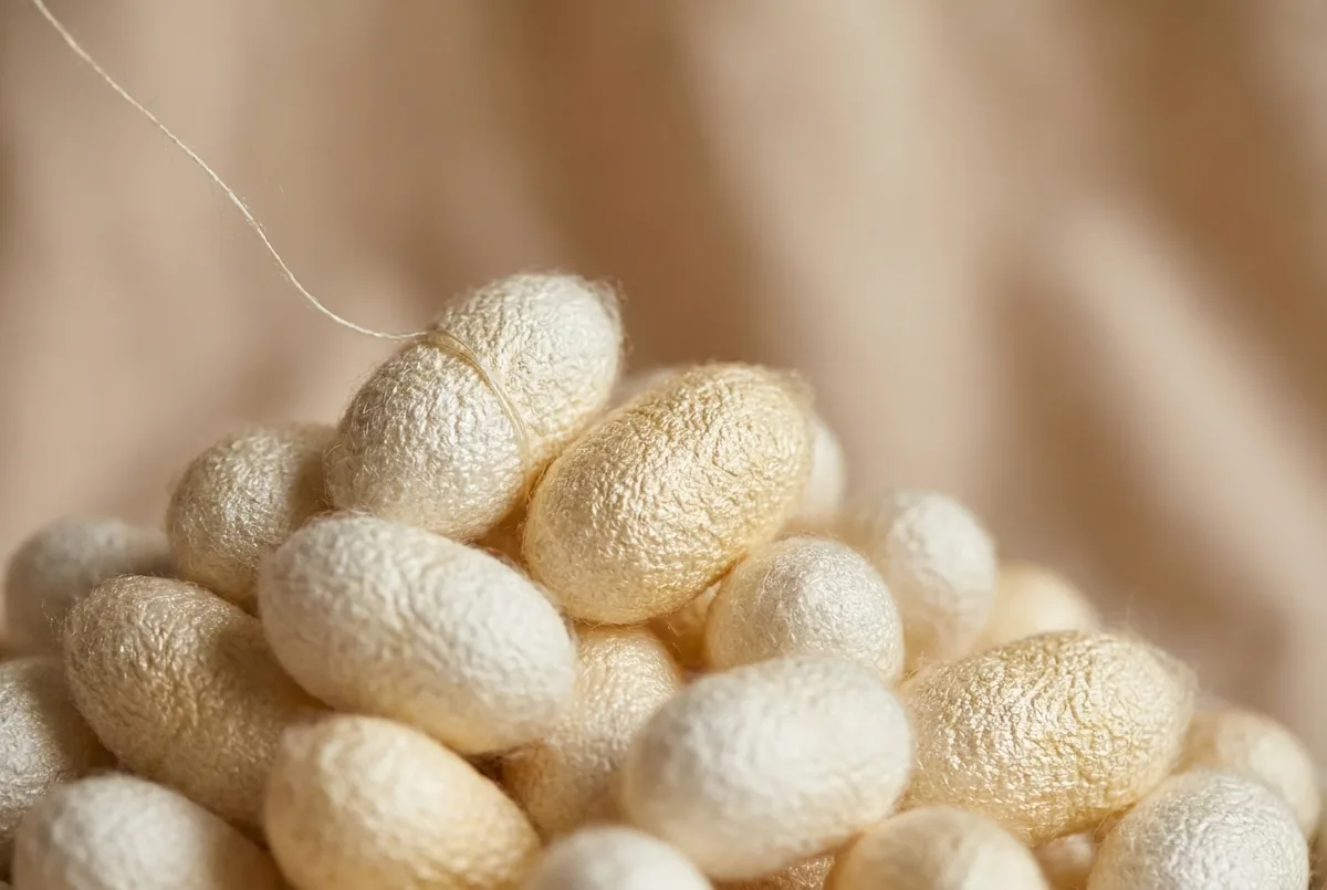 Cocons de soie blancs et fil de soie brute en gros plan