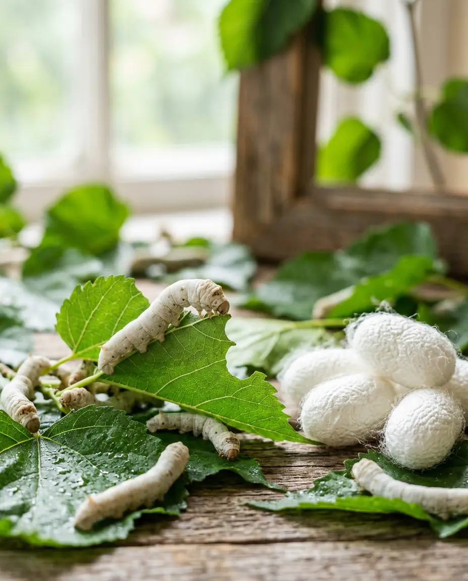 Vers à soie sur des feuilles de mûrier et cocons de soie blancs